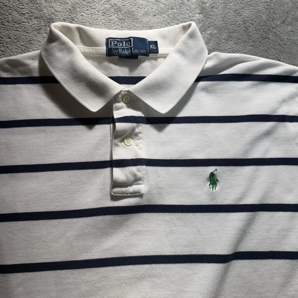 Polo Ralph Lauren Polo Shirt Mens XL White Blue‎ Striped Preppy Casual
